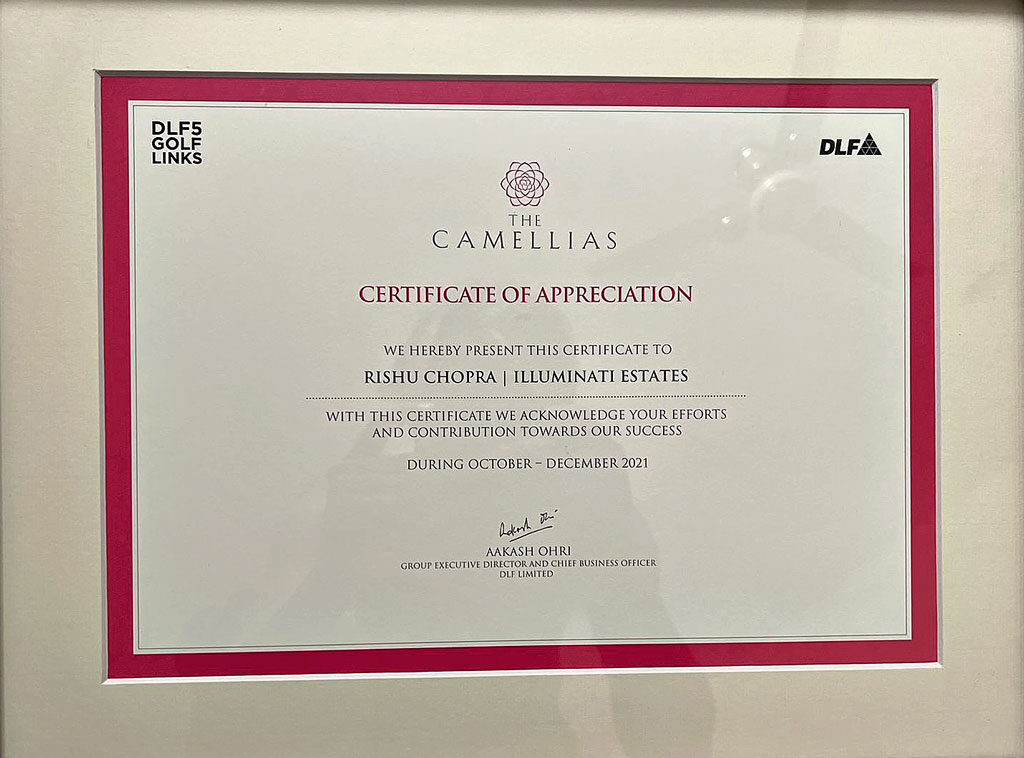 certificate of appreciation by DLF
